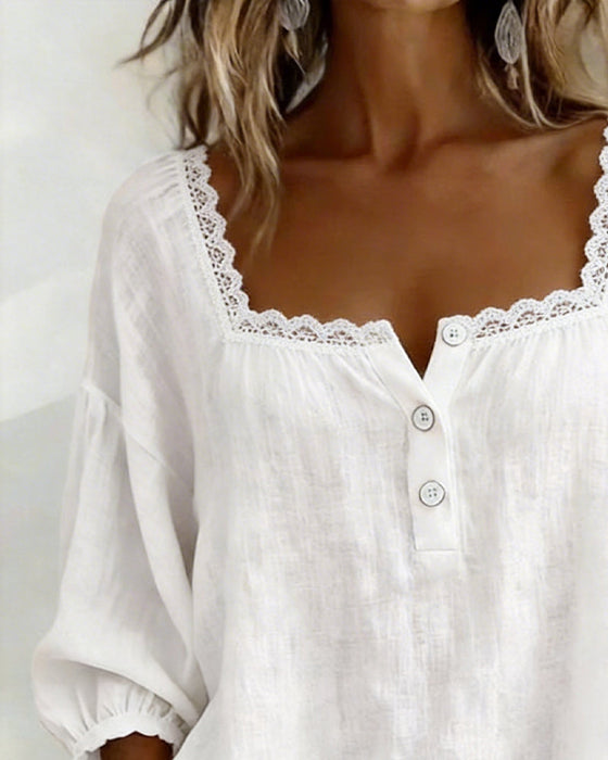 Blouse Met Vierkante Hals Kant Pofmouwen