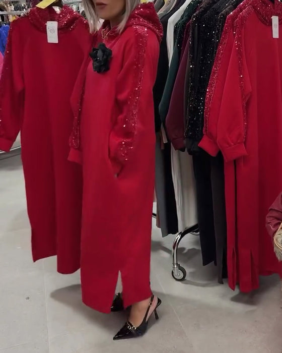 Jurk Met Capuchon Glitter Applicatie Lang