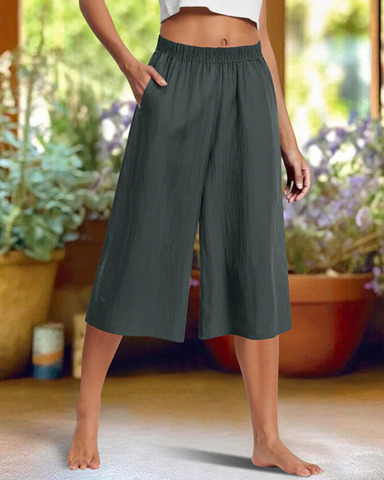 Broek Elastische Taille Zak Effen Casual Cropped
