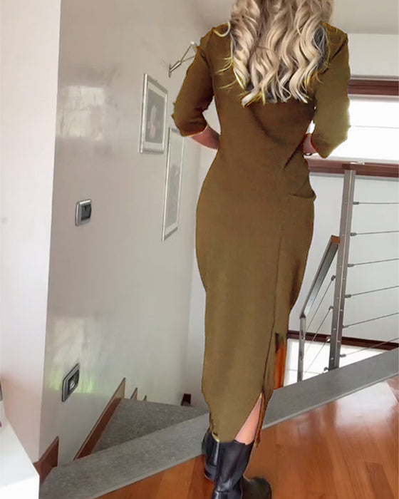 Ronde hals geplooide effen elegante jurk