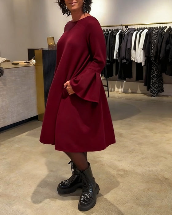 Jurk Effen Wijd Uitlopende Mouw Gerimpeld