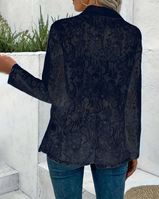 Effen kleur elegante jas met bloemenkant en revers