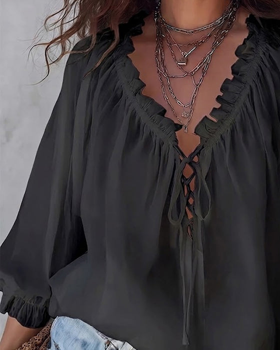 Blouse V-hals Vetersluiting