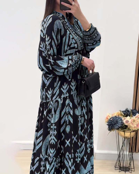 Jurk met V-hals en lange mouwen met print