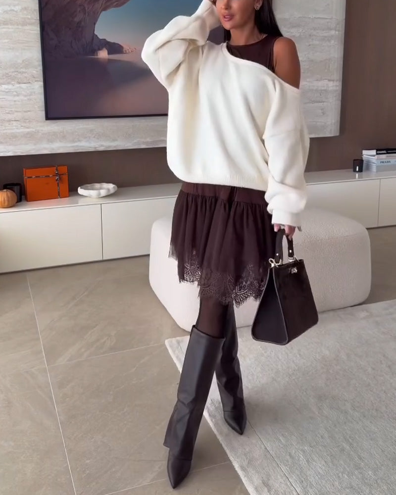Off-Shoulder Wijd Trui & Kant Zoom Jurk