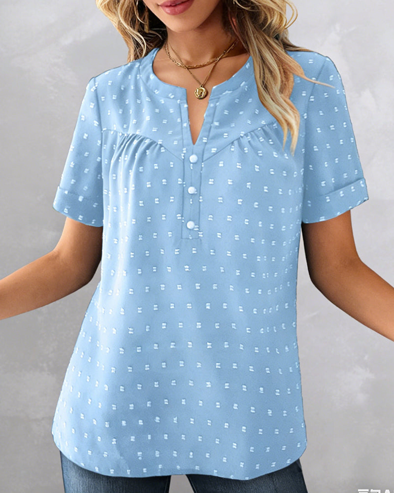 Blouse Jacquard V-Hals Half Sluiting Korte Mouw