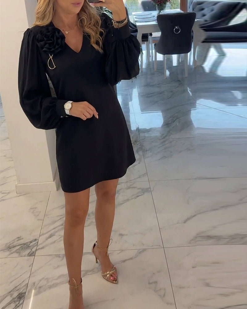 Jurk Driedimensionale Bloem V-hals Lantaarn Mouw