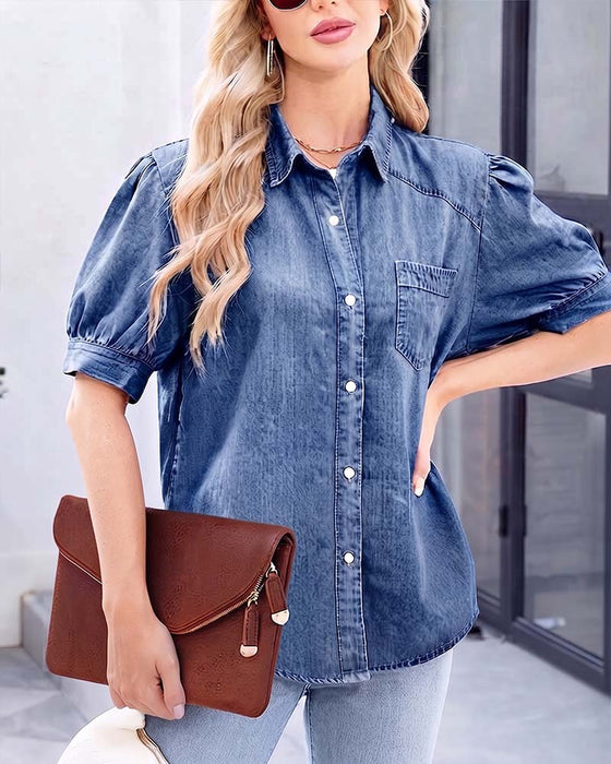 Overhemd Drukknoop Denim Lantaarn Mouw Los