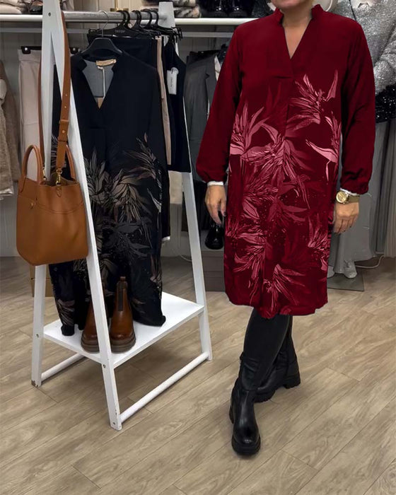 Jurk Met V-Hals En Bladprint Met Lange Mouwen