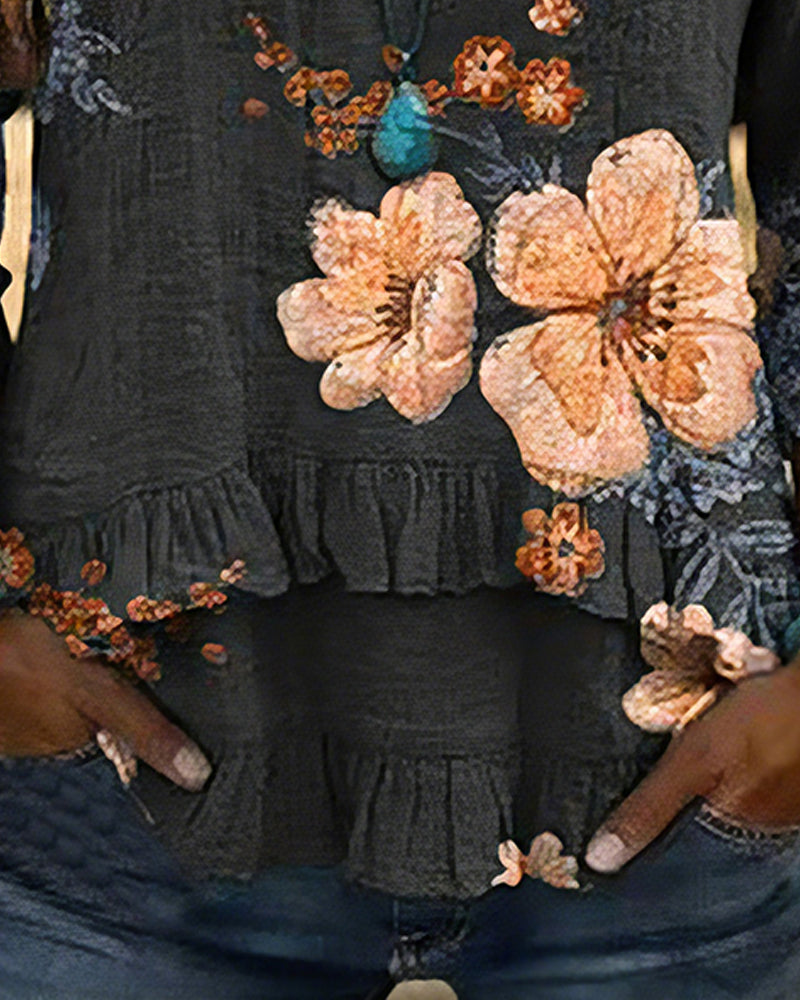 Blouse V-Hals Vintage Bloemen Loose Fit