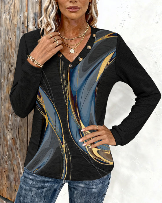 Gedrukte Casual Top Met V-Hals En Lange Mouwen