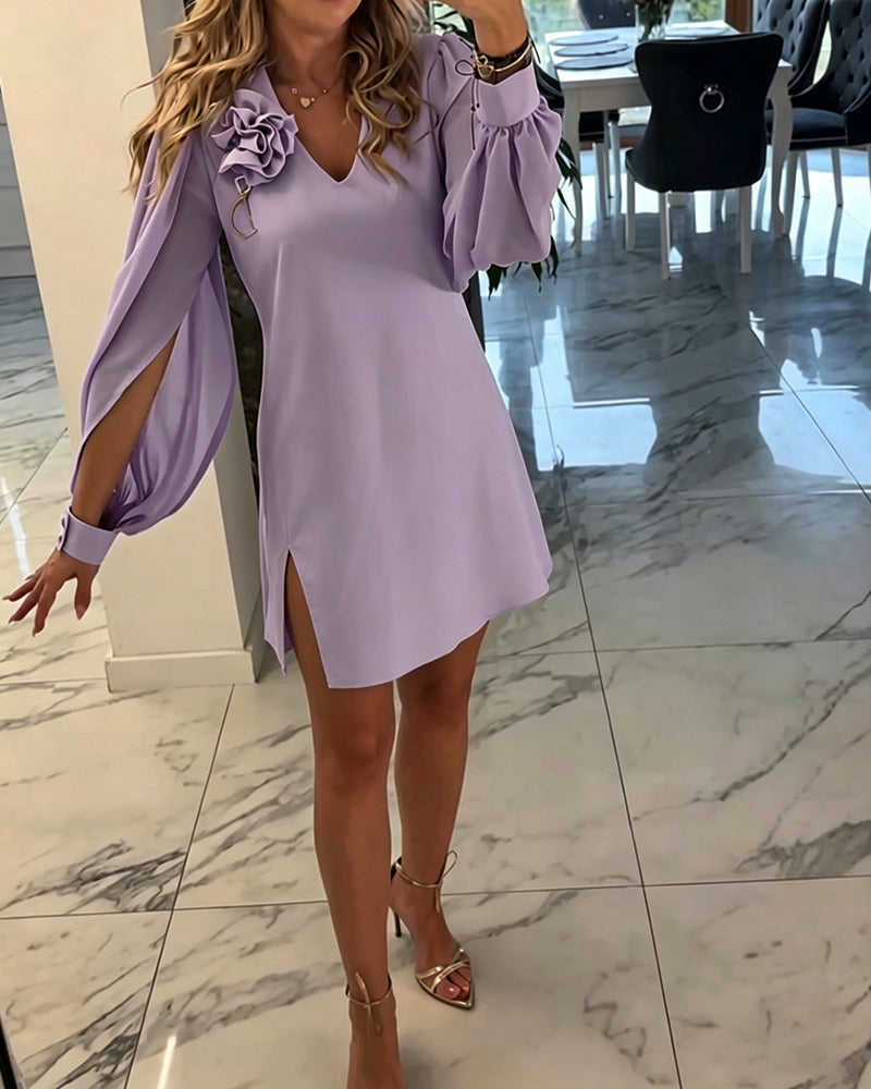 Jurk Driedimensionale Bloem V-hals Lantaarn Mouw