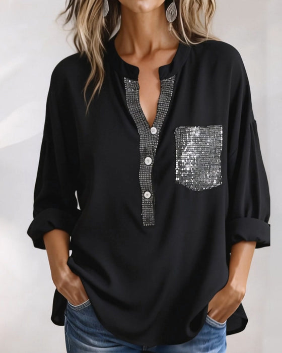 Casual Top Pailletten Patchwork Losvallend
