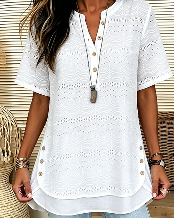 Blouse Effen Kleur V-Hals Knoop Uitgehold Omhoog