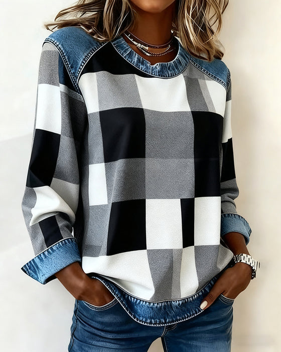 Sweatshirt Met Geruit Patchwork En Contrastkleur