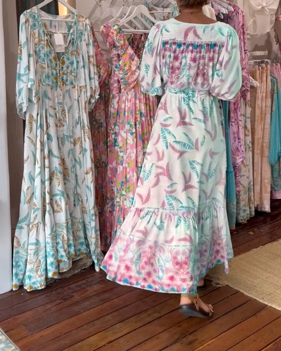 Maxi-jurk met bladprint voor dames met V-hals