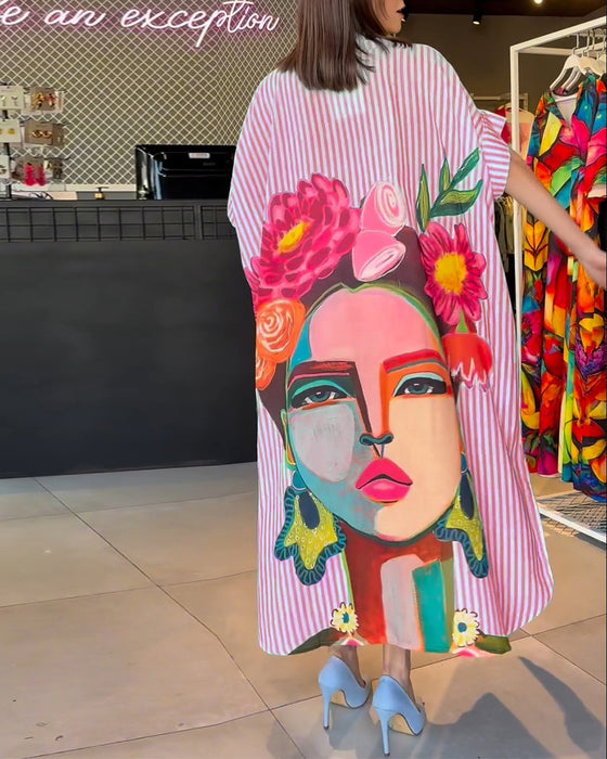 Verticale gestreepte blouse met reverssplit en karakterprint