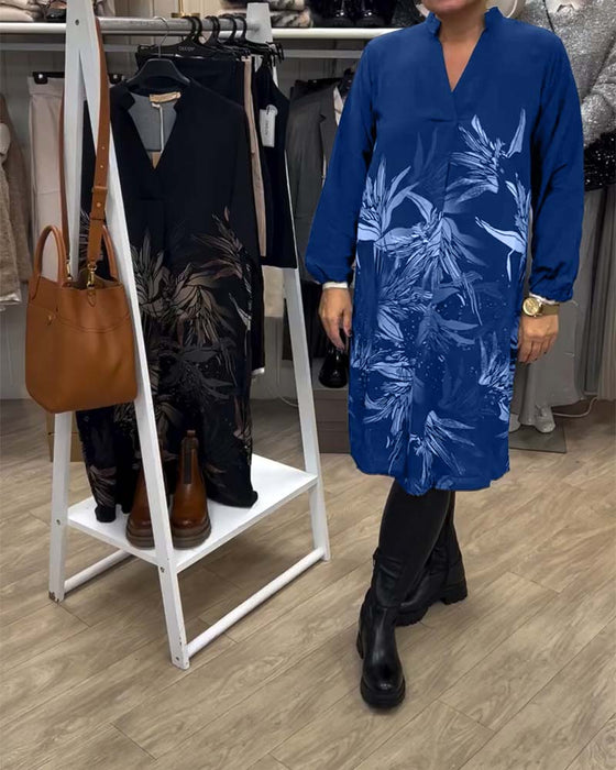 Jurk Met V-Hals En Bladprint Met Lange Mouwen