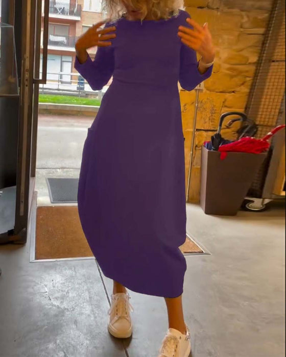 Effen kleur jurk met ronde hals lange mouw en zak