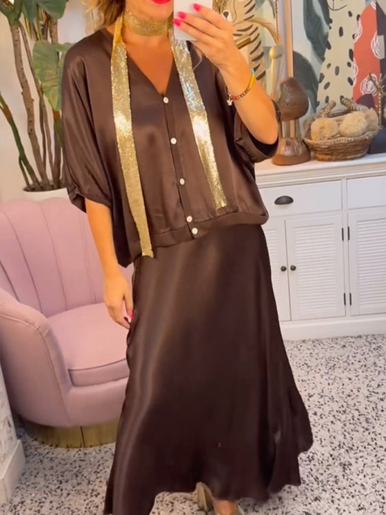 Casual effen kleur rok set met knoop en V-hals