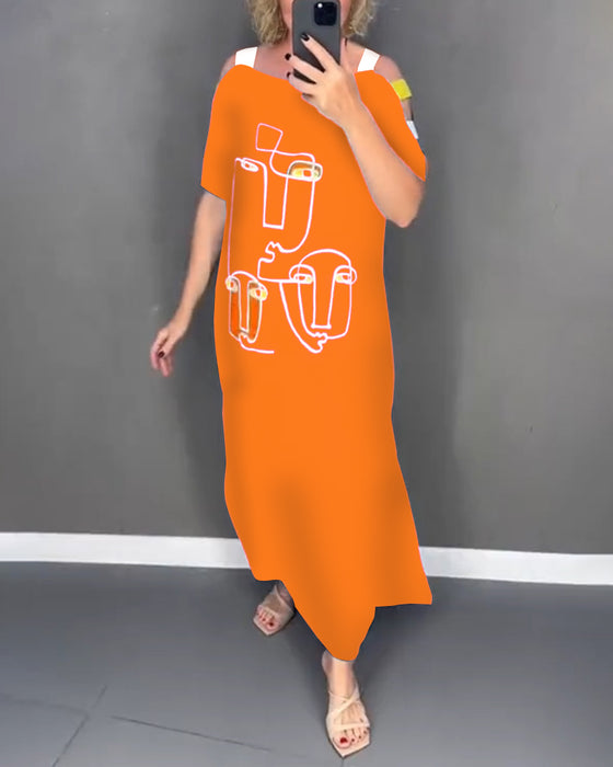 Jurk Koude Schouder Uitholling Print Split
