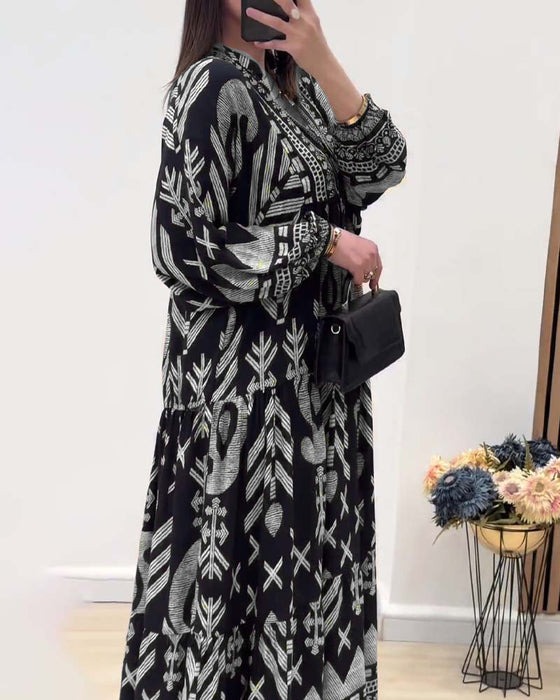 Jurk met V-hals en lange mouwen met print