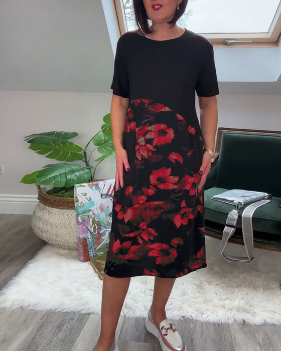 Casual patchworkjurk met ronde hals en bloemenprint