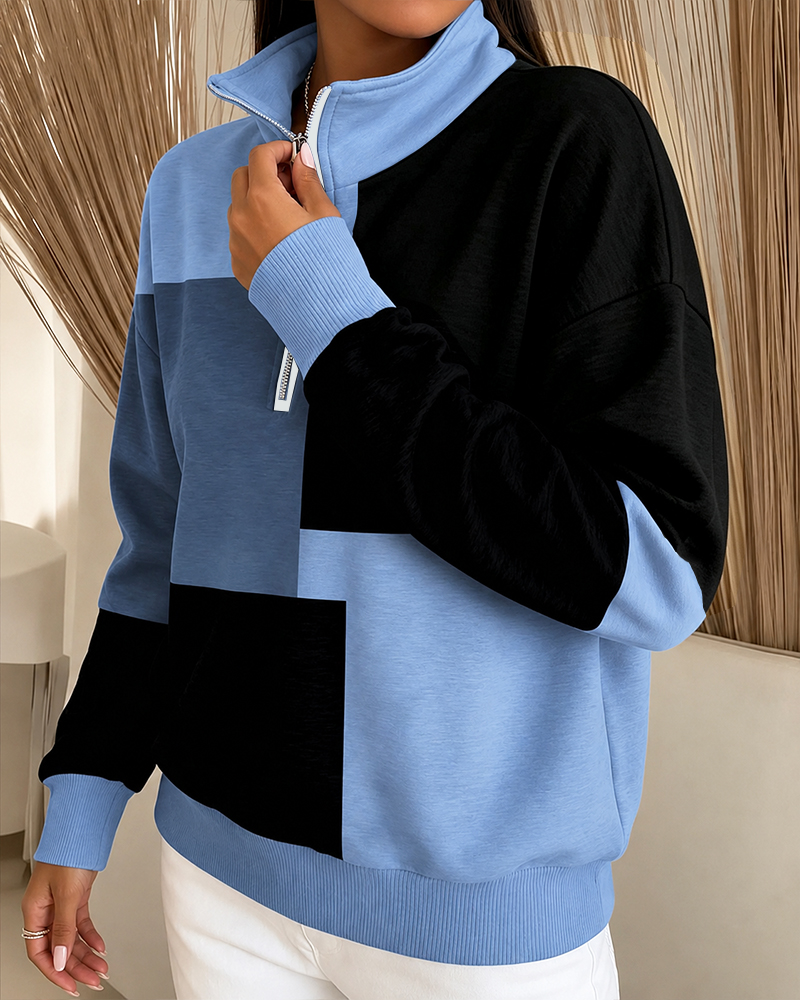 Sweatshirt Geruit Kleurblok Rits Staande-Kraag