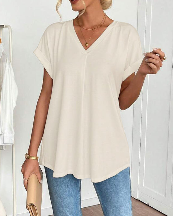 T-Shirt Met Korte Mouwen Effen Kleur Patchwork