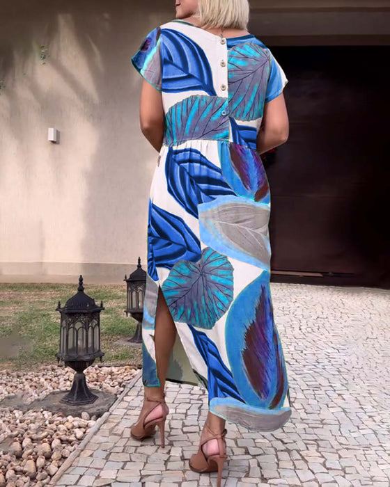 Jurk met split en korte mouwen met bladprint