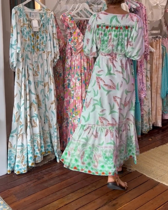 Maxi-jurk met bladprint voor dames met V-hals