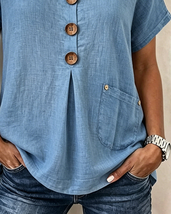 Blouse V-Hals Grote Knoop Korte Mouw