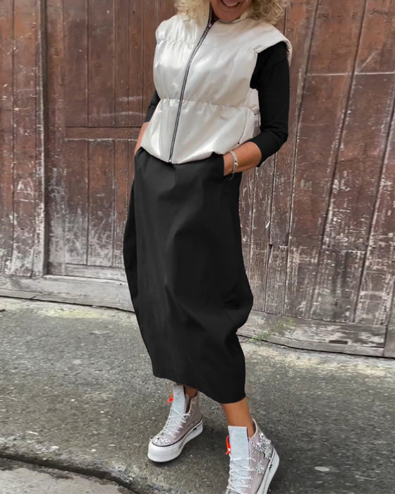 Eenvoudige effen kleur zak lange mouw elegante jurk