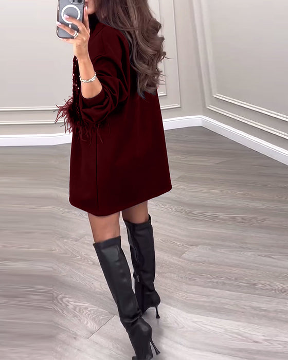 Mode effen kleur jurk met pailletten en veren patchwork