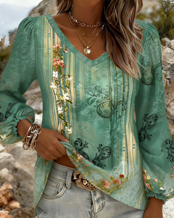 Blouse Bloemen V-Hals Pofmouw