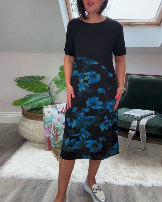 Casual patchworkjurk met ronde hals en bloemenprint