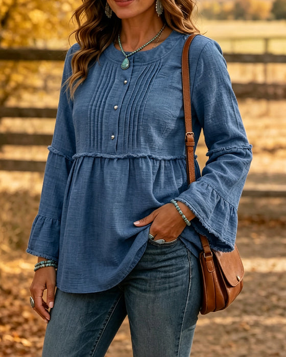 Blouse Effen Kleur Ronde Hals