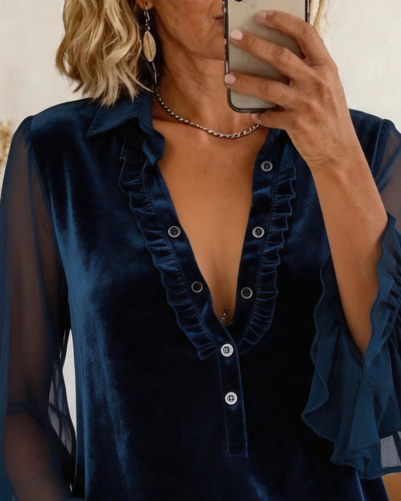 Blouse Fluweel Patchwork Gerimpelde Mouw