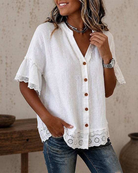 Blouse V-hals Kant Patchwork Knoop
