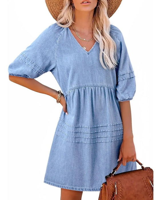 Jurken Denim V-Hals Puff Mouw