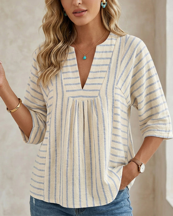 Blouse Streep Textuur Halve Mouw Ontspannen