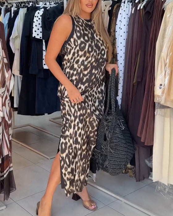 Jurk Rondhals Luipaardprint Mouwloos Maxi