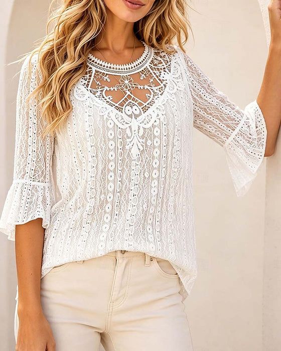 Blouse Rondhals Hollow Out Kant Patchwork