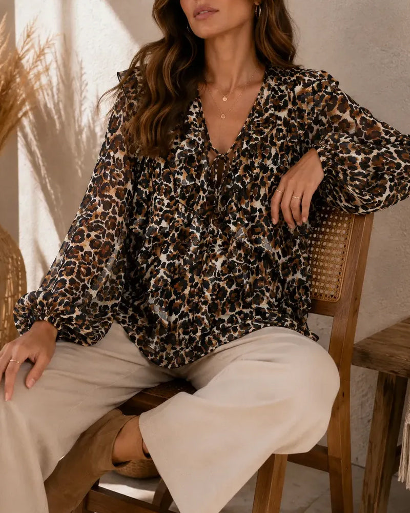 Top V-Hals Vetersluitsel Luipaardprint Lange Mouw