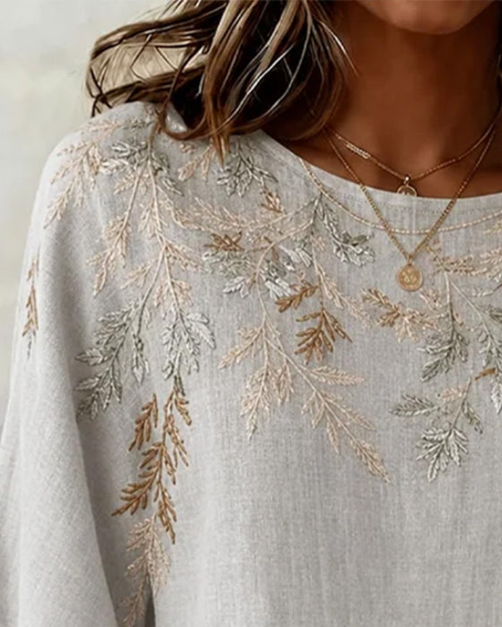 Blouse Ronde Hals Halflange Mouw Bladmotief