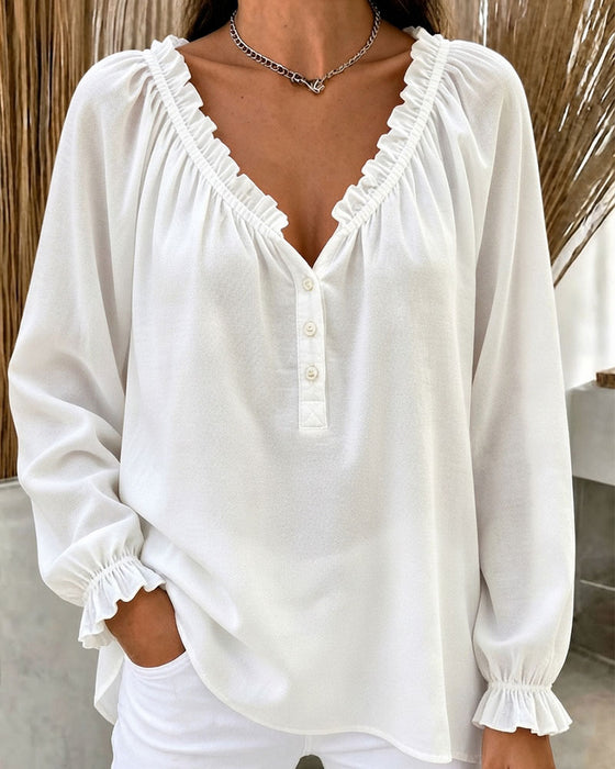 Blouse Ruffle Rand Lange Mouw V-Hals