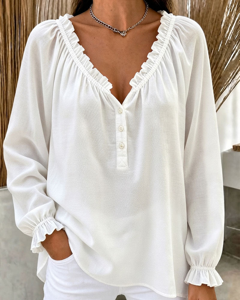 Blouse Ruffle Rand Lange Mouw V-Hals