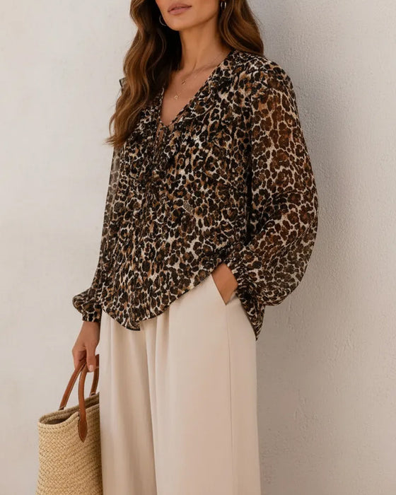 Top V-Hals Vetersluitsel Luipaardprint Lange Mouw