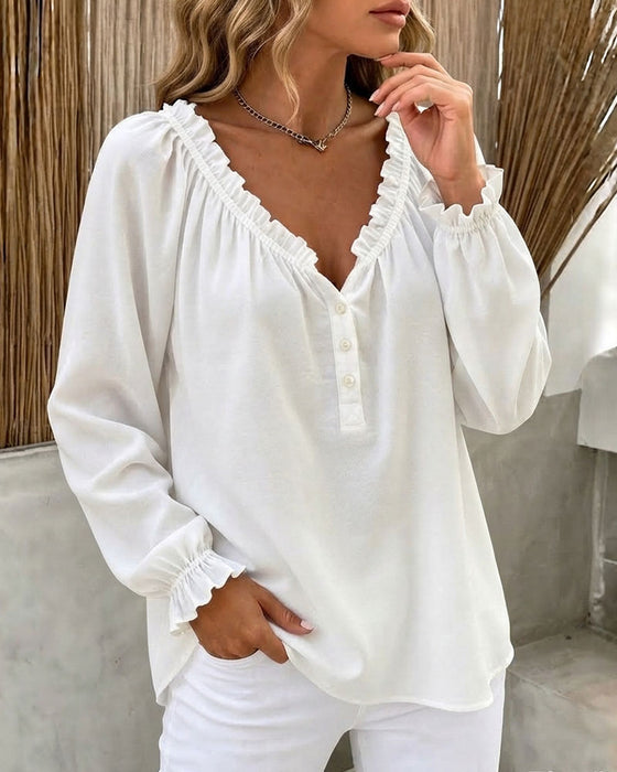 Blouse Ruffle Rand Lange Mouw V-Hals