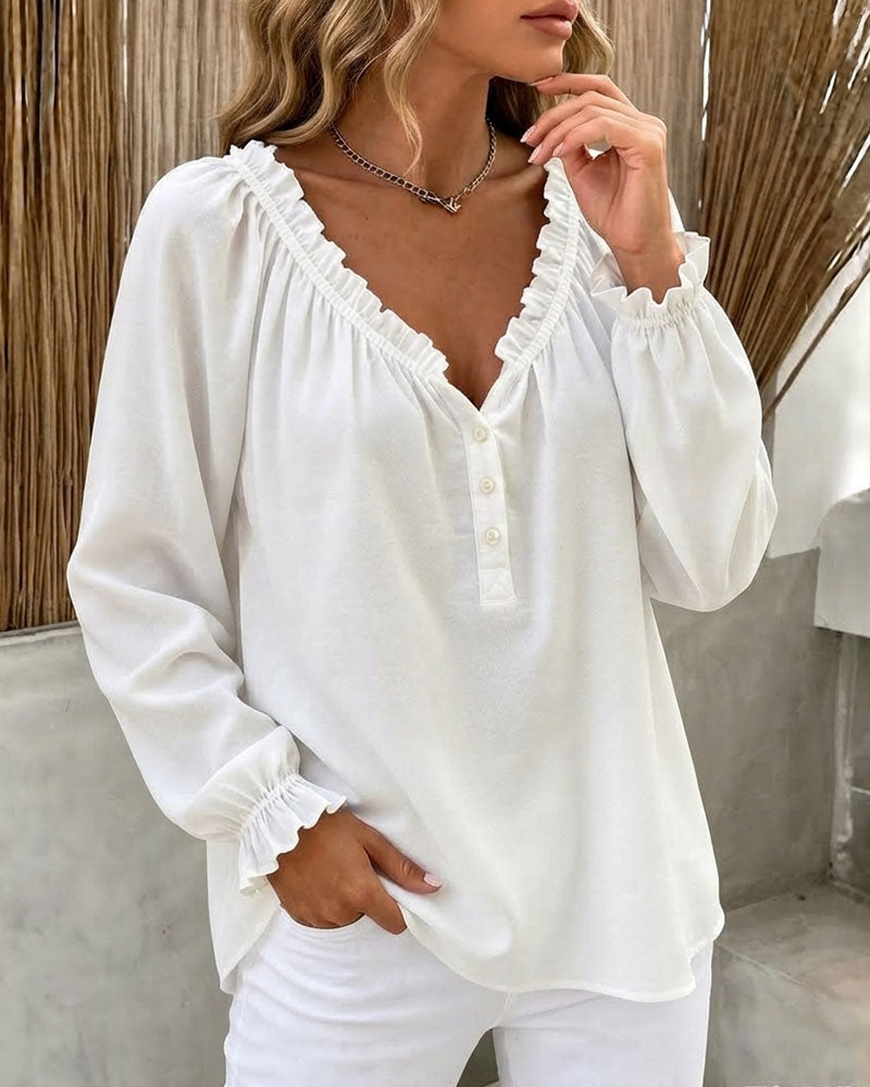 Blouse Ruffle Rand Lange Mouw V-Hals